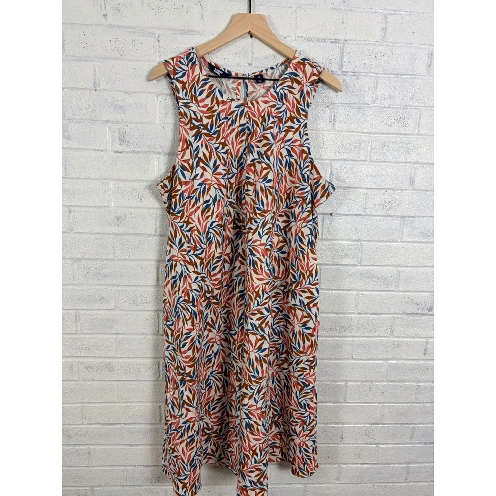 Lands End Linen Shift Dress Womens 1X Multi Color Leaf Print Sleeveless Pockets
